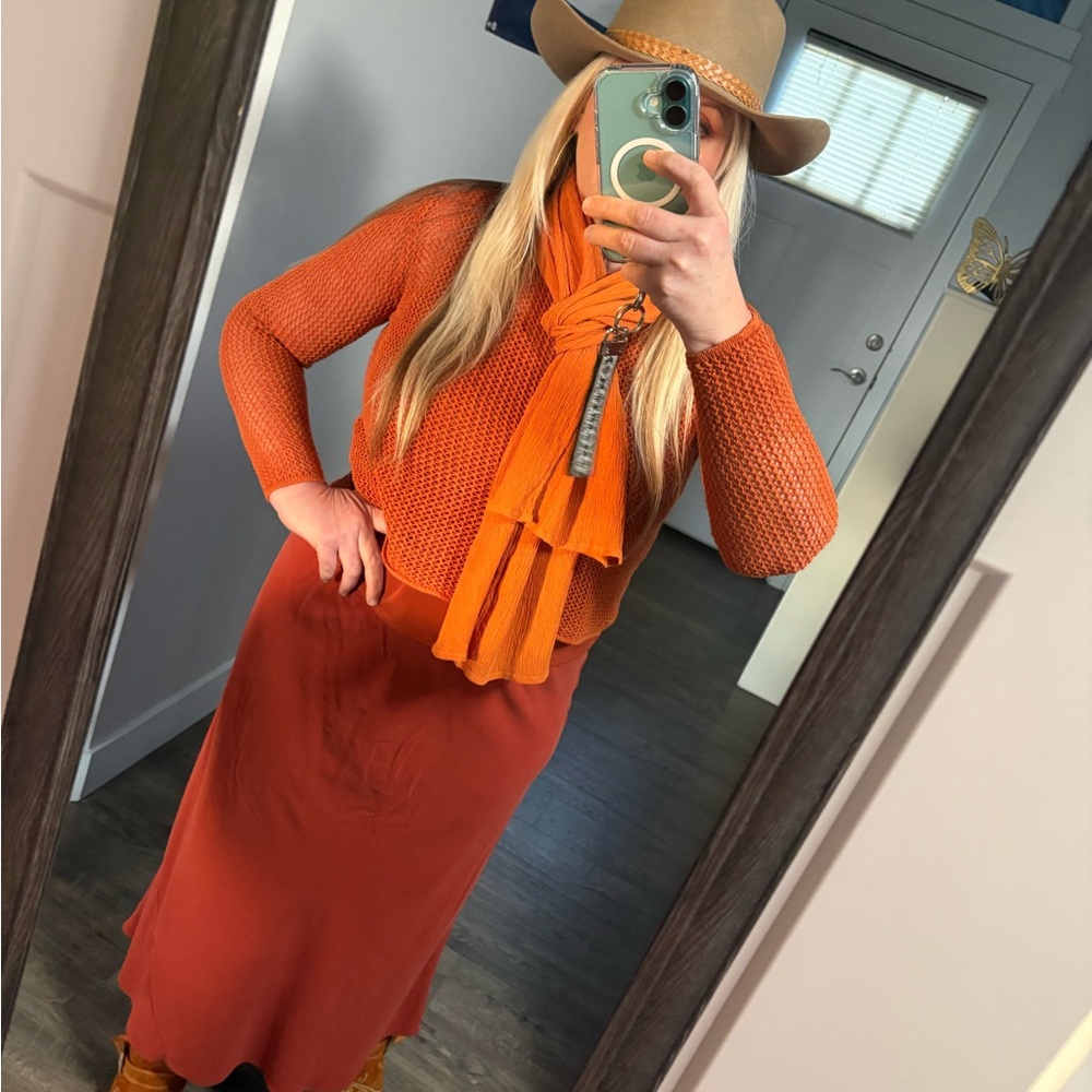 Eileen Fisher Outfit Rust Color Knit Top with Tank and Skirt Set